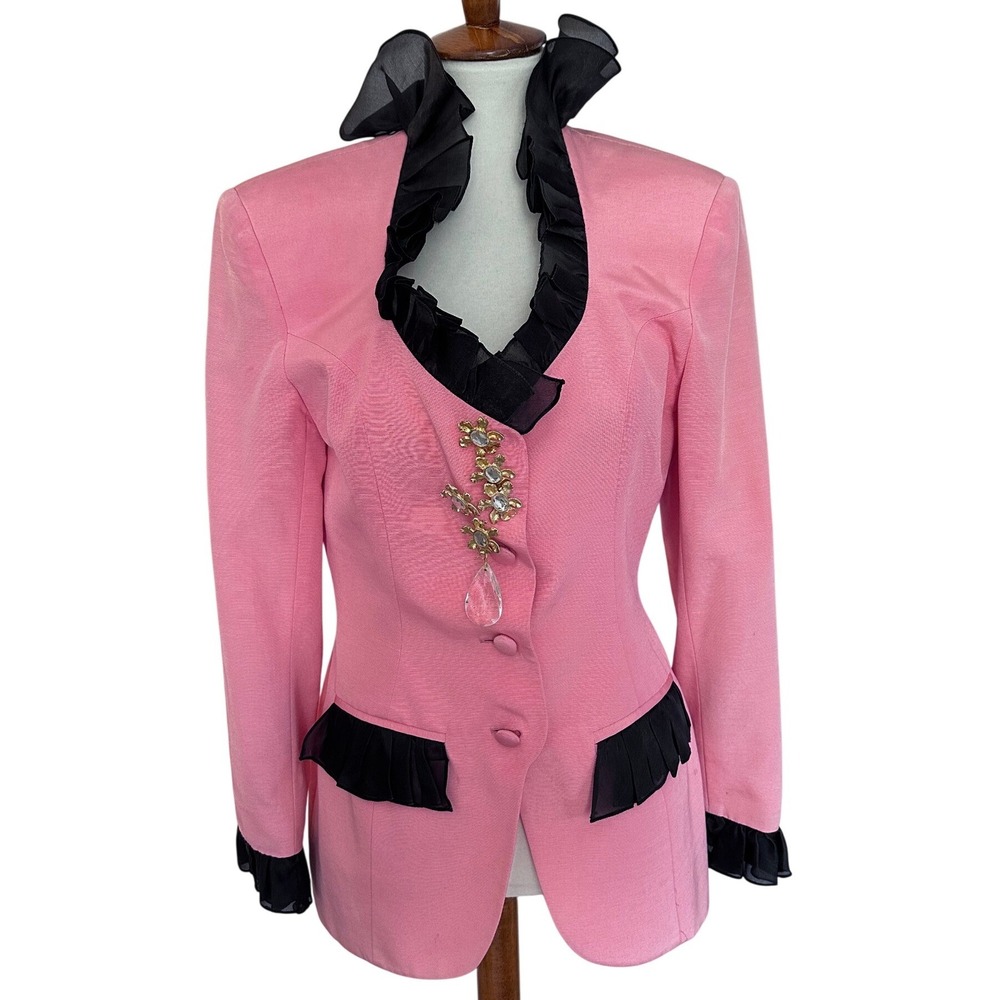 Zang Toi Pink Linen Ruffle Blazer Jacket Jeweled Brooch Vintage Size 10 NY Made